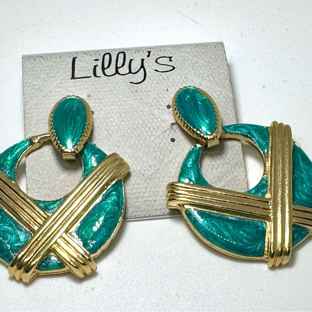 Vintage Lilly’s Green & Gold Enamel Geometric Circle Dangle Earrings